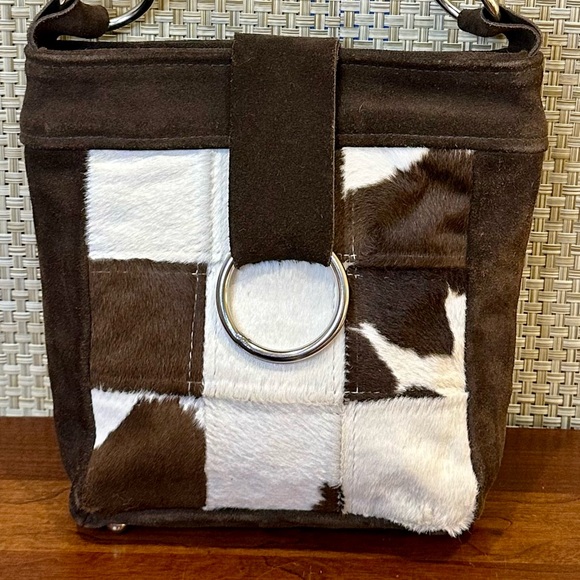 🌟HP🌟VTG 1970s-80s Dark Brown Mod Suede Pony Shoulder Bag w/ Calf Hair-On Hide - Picture 4 of 16